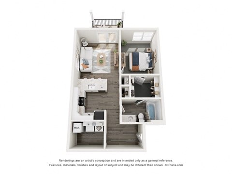 Floor plan for 1 bed, 1 bath, 662 sqft